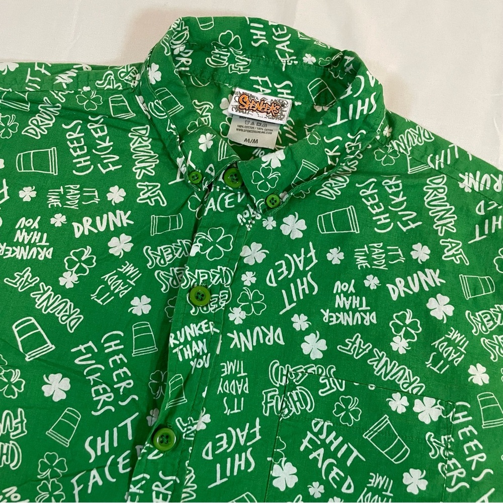 Spencer's Mens‎ Medium St Patricks Day Button Up Shirt Green Drunk AF Shamrocks